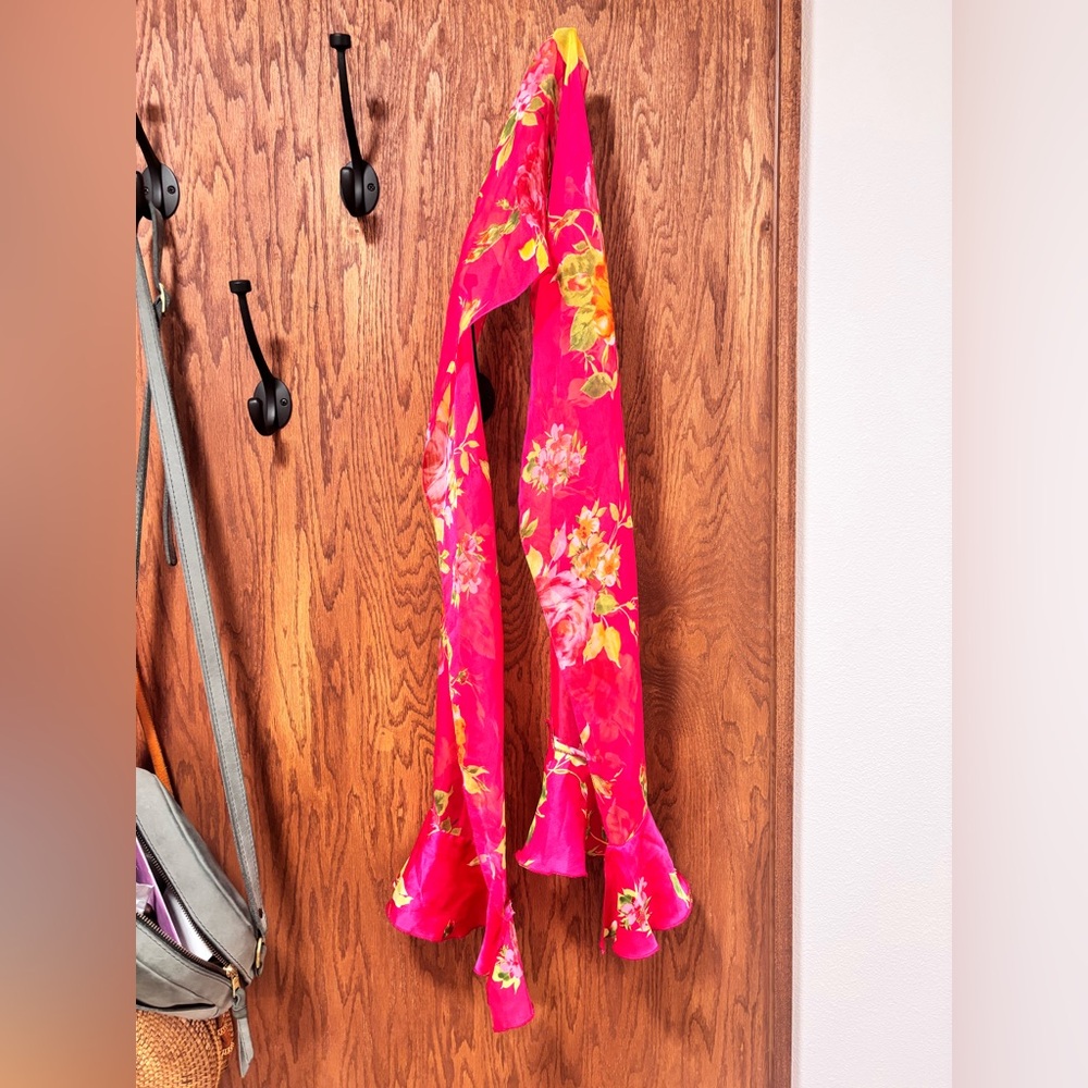 Floral Pink silk Scarf with Ruffle Edges